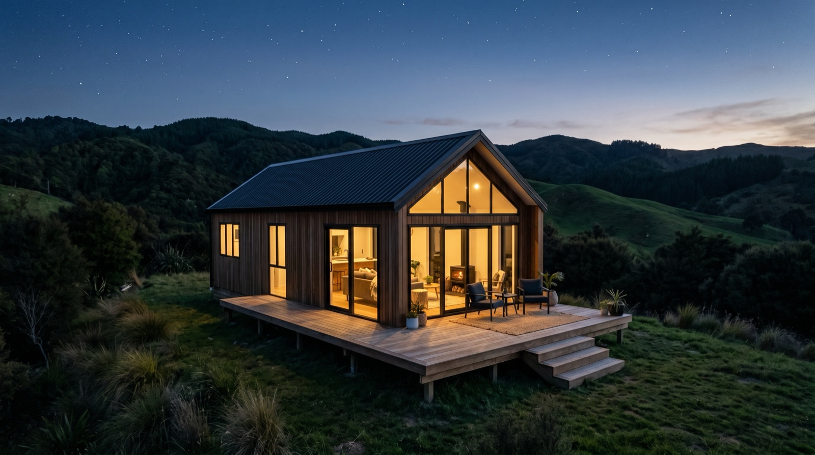 A lit Seventy small home in a rural landscape at night
