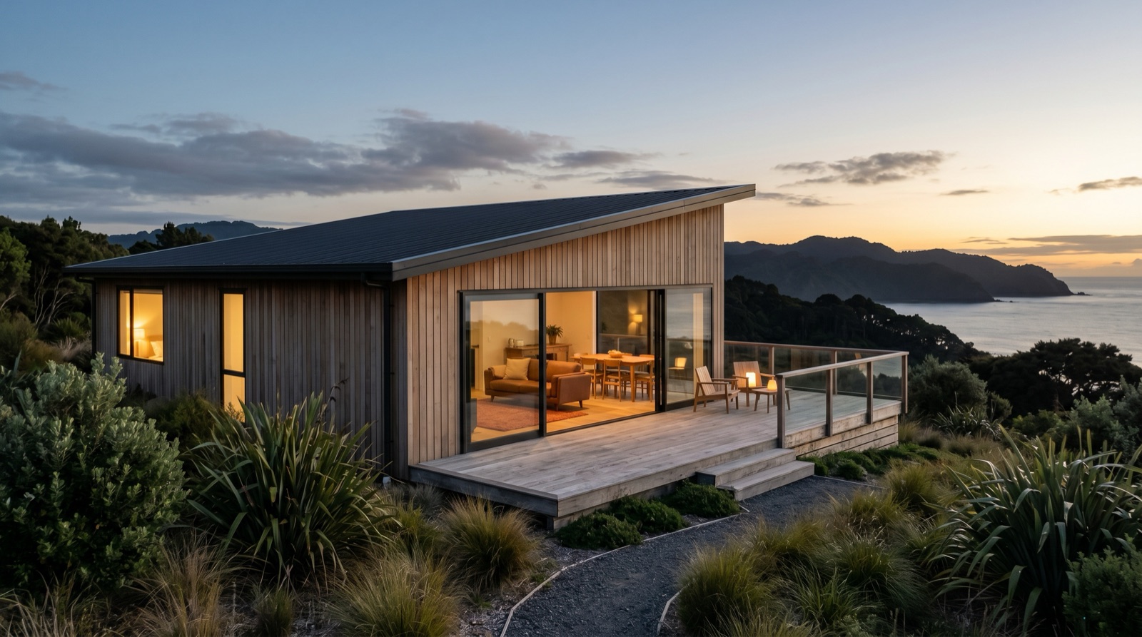 A timber-clad Seventy home opening onto a deck above the New Zealand coast at dusk